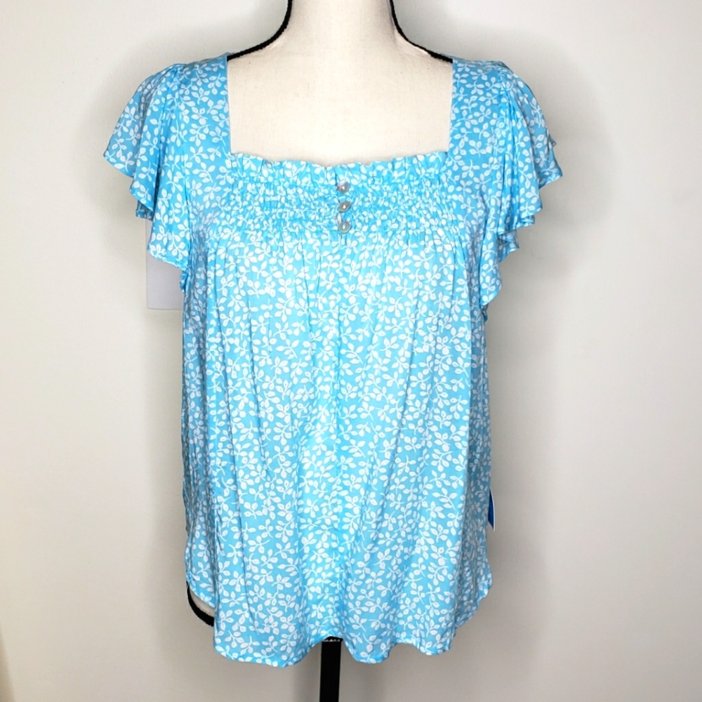 Draper James RSVP Blouse XS Extra Small Blue White Floral Smocked Flutter Sleeve